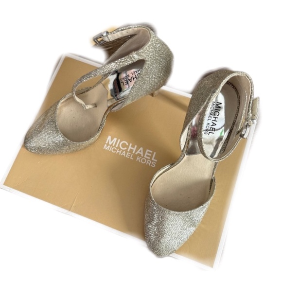 Michael Kors Silver Georgia Ankle Strap Glitter Heel Women’s 10 - Picture 1 of 8